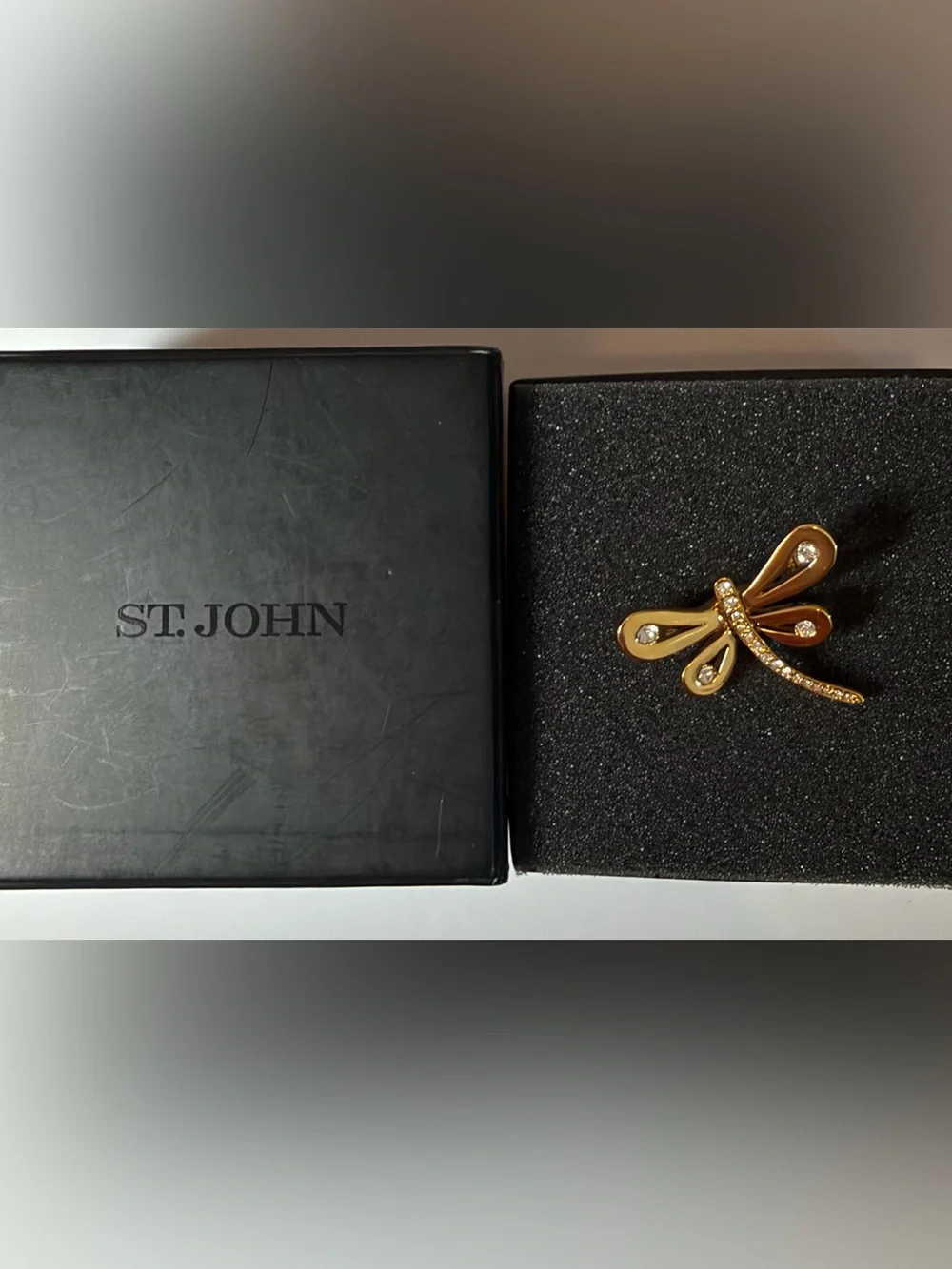 St. John Vintage Gold Rhinestone Dragonfly Brooch